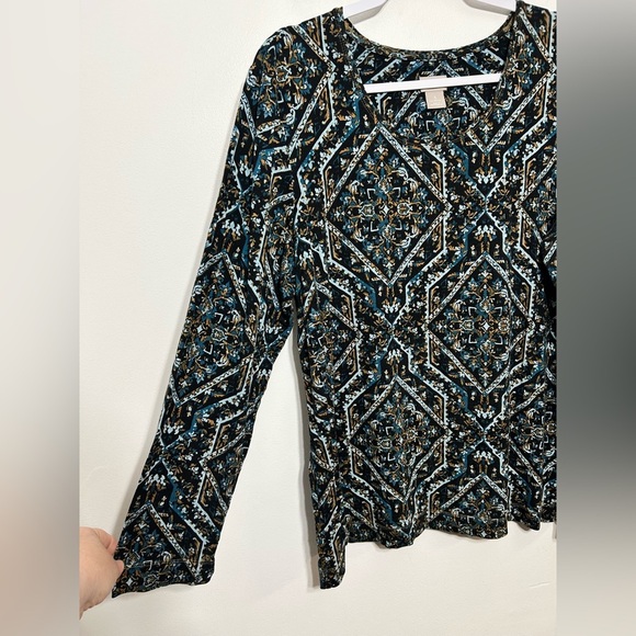 Chicos Bohemian Floral Geometric Block Layering Long Sleeve Tee Shirt - Picture 3 of 8